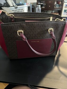Michael Kors Brown Logo Satchel with Burgundy Accents